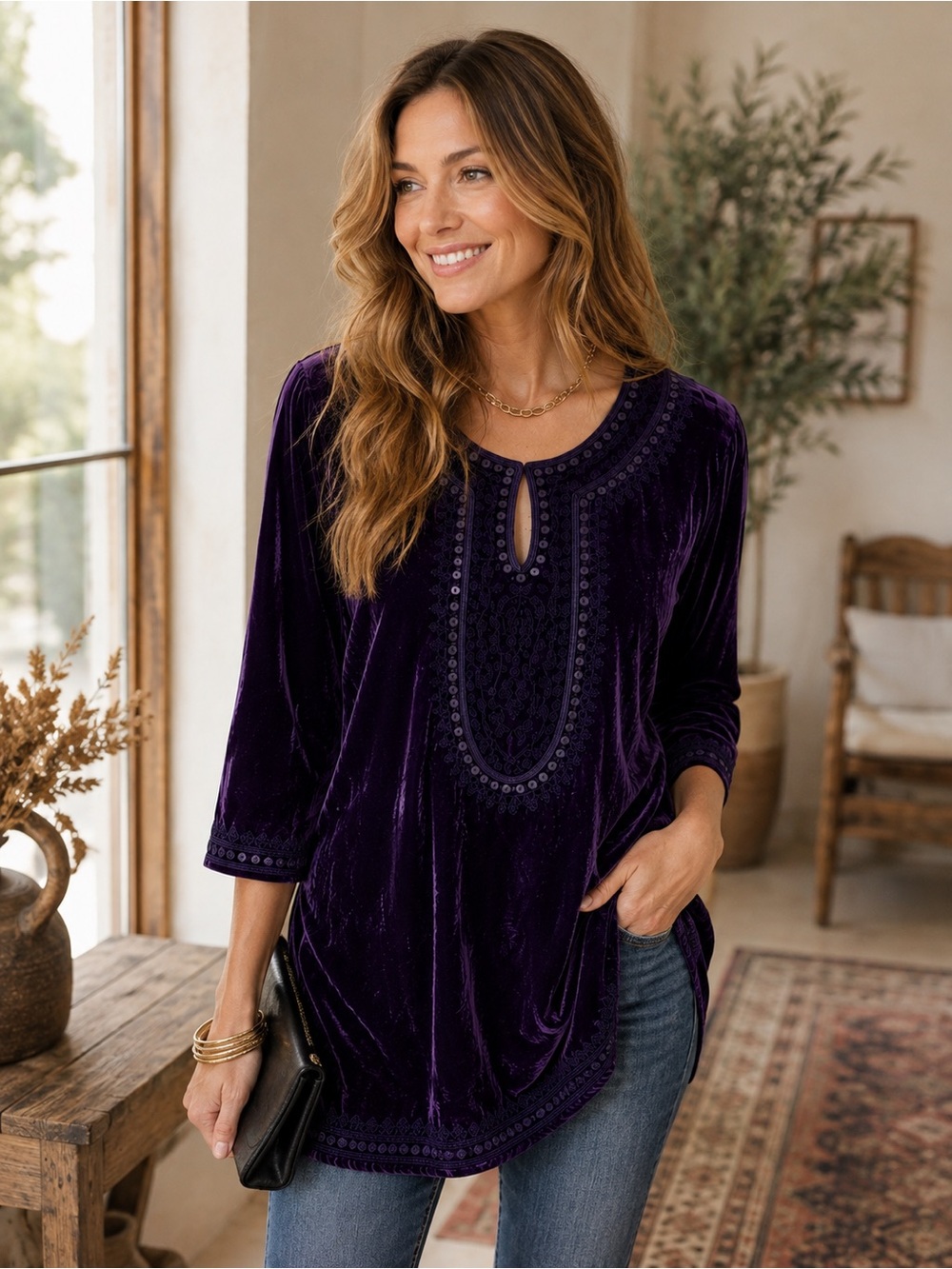 Chico’s Purple Velvet Tunic Top Embroidered Beaded Boho NWT